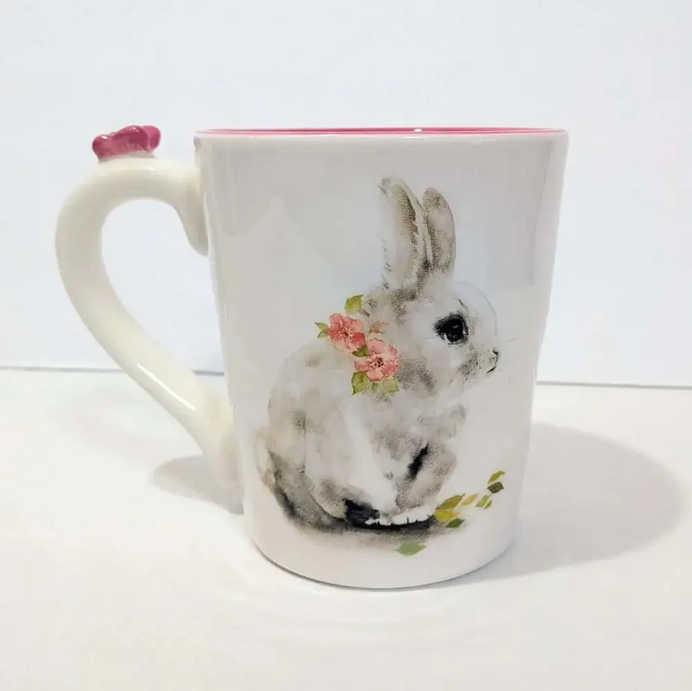 Pier 1 Easter Bunny Mug with Butterfly on Handle and Pink Interior
